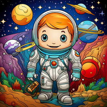 Cute illustration of young astronaut in the galaxy among rockets, stars and planets. Colorful art of happy little astronaut imagining the universe.