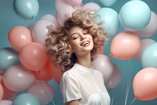 Celebration, festive and lifestyles concept. Studio portrait of happy and smiling woman with colorful balloons in background. Generative AI