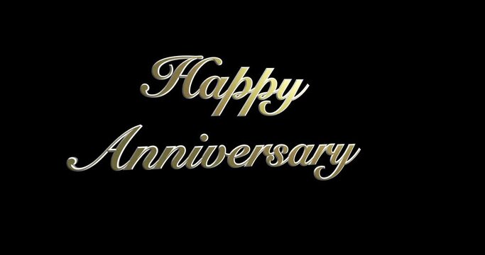 Happy Anniversary in 3d gold script letters.  Animated title spins around.  Anniversary celebration, party or announcement.