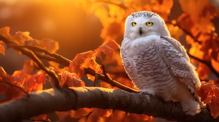 Deurstickers snowy owl perched elegantly on a branch framed by a spectacular canopy of autumn leaves, its charming eyes reflecting the gentle sunlight. © pvl0707