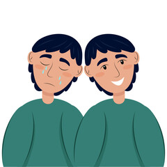 Two opposite states of man. Cheerful and sad young man. Psychological problems, mental health