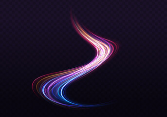 Light trail wave,  fire path trace line and incandescence curve twirl. Light trail curve swirl. Light and stripes moving fast over dark background. Incandescent optical fiber. Vector 