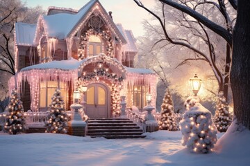 House in winter in the style of a holiday card. Merry christmas and happy new year concept. Background