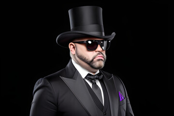 A head shot of a middle aged man in a tuxedo against a black background. The man has facial hair, beard, sunglasses and sunglasses.