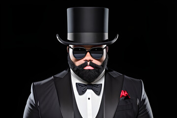 A head shot of a middle aged man in a tuxedo against a black background. The man has facial hair, beard, sunglasses and sunglasses.