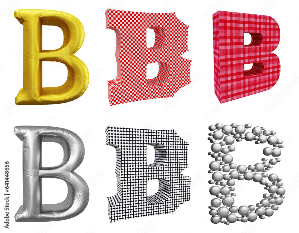 Poster set of alphabet letter b in 3d rendering isolated on transparent background for education and text c