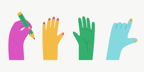 Palms and fingers of the left hand. Left hands in various poses, holding a pencil, inner and outer palms. Vertor isolated illustration.
