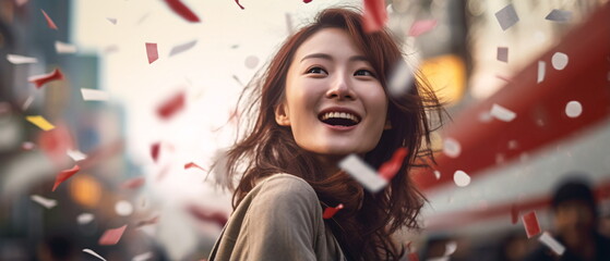 Portrait of pretty and happy Japanese woman standing with smile, in front of Japan flags, shouting, celebrating victory or success. Generative ai - obrazy, fototapety, plakaty