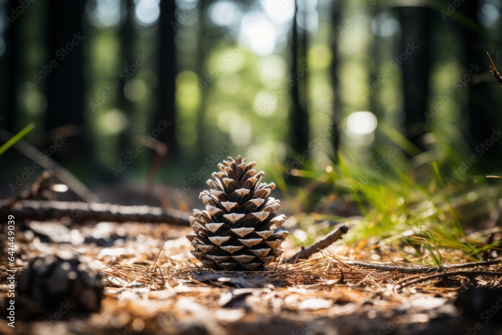 Poster cone in the autumn forest. background with selective focus and copy space