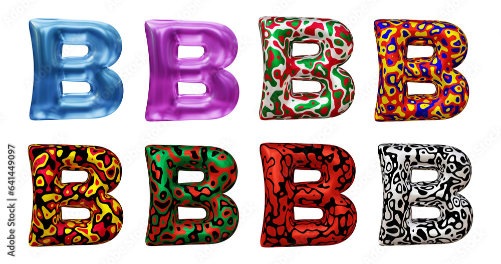 Poster set of alphabet letter b in 3d rendering isolated on transparent background for education and text c