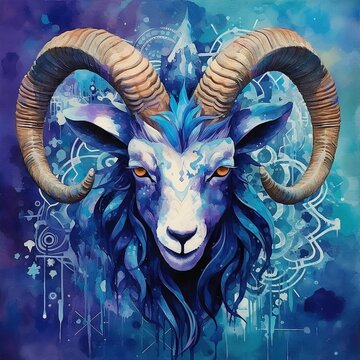 Illustration of a blue goat on a grunge background. Capricorn zodiac sign, astrological horoscope calendar, esoteric Sea Goat illustration on purple magical background