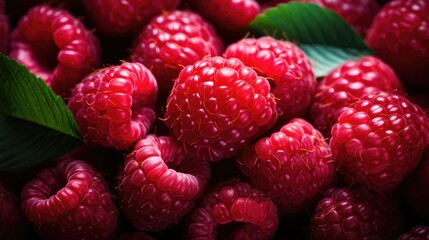 Red horizontal background of organic raspberry berry with leaves top view, close up flat lay copy space, grocery vegetarian healthy food concept, farm advertising banner