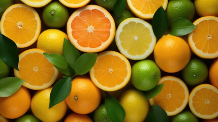 Variety of citrus fruit including lemons, lime, grapefruit and oranges slices, tropical summer background with copy space, closeup top view