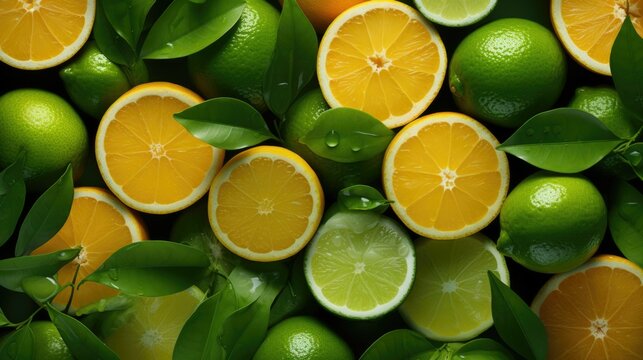 Citrus fruit background, top view. Ripe lemons and limes. Summer juicy horizontal background with copy space