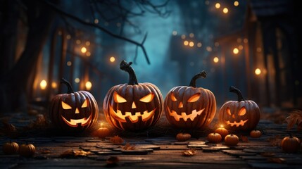 A group of pumpkins with glowing eyes and mouth on a blurred background at night on the road with dark trees and burning candles, Halloween holiday concept with copy space
