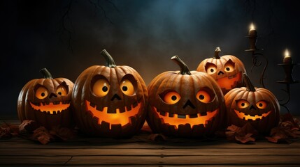 Funny scary evil pumpkins with carved glowing eyes and mouth on a wooden table isolated on a blurred dark background with copy space, Halloween scary holiday concept