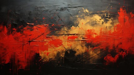 A painting of a red, yellow and black abstract background