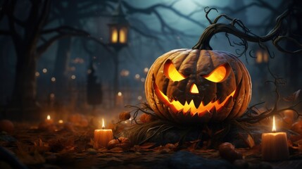 Large pumpkin with glowing eyes and mouth on a blurred background in a scary foggy park with dark trees and burning candles, Halloween holiday concept with copy space