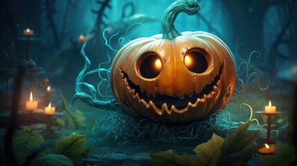 Fun pumpkin smiling with glowing eyes and mouth in blue blurred forest with fallen leaves and dark trees, Halloween scary holiday concept with copy space