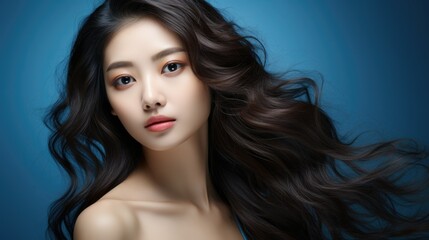 Fototapeta premium Beautiful Asian woman with perfect skin natural makeup pure beauty big eyes and plump lips perfect skin dark curly hair on a blue horizontal background for advertising beauty salon spa advertising 