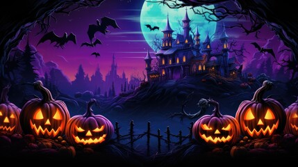Halloween evil pumpkins in a dark spooky forest scary castle and full moon. Festive event banner neon background concept