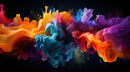 Fantastic spiral explosion colorful liquid paint splatter on black background abstract liquid...