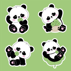 cute panda, stickers collection.set, cute; cute panda with good luck leaf waving hand, vector illustration. editable stroke
