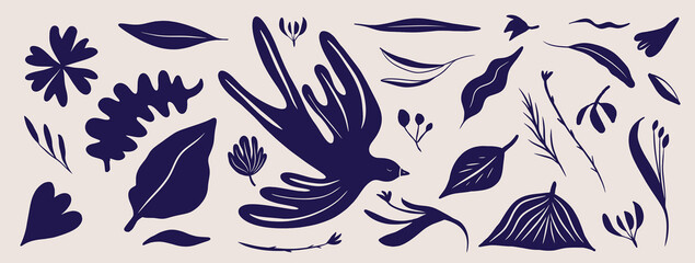 Botanical hand drawn ethno style ornament with birds. Abstract trendy monochrome print. Fashionable vector template for your design. © Sviatlana