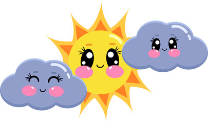 Cartoon kawaii cute two clouds and joyful sun for kids