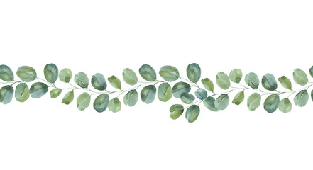 Seamless pattern with watercolor elegant eucalyptus branches. Silver Dollar Gum, Eucalyptus Polyanthemos. Floral border, seamless pattern