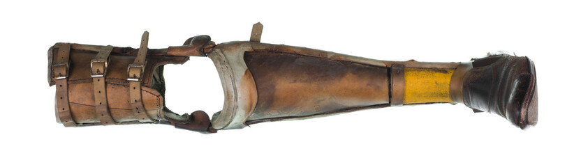 old leg prosthesis isolated on white background