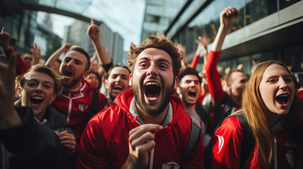 Soccer fans, wearing their national team's jerseys, are chanting and waving flags. Generative AI