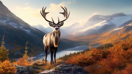 beautiful portrait of a reindeer amidst an idyllic autumn scene, its confident stride accentuated by fallen autumn leaves
