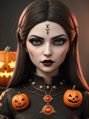 black haired witch surrounds by decorative halloween pumpkins

