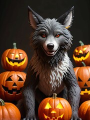 werewolf surrounded by decorative halloween pumpkins made of clay and felt

