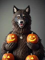 werewolf surrounded by decorative halloween pumpkins made of clay and felt

