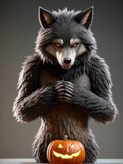 werewolf surrounded by decorative halloween pumpkins made of clay and felt

