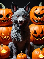 werewolf surrounded by decorative halloween pumpkins made of clay and felt