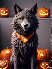 black wolf surrounded by decorative halloween pumpkins made of clay and felt
