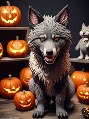 black wolf surrounded by decorative halloween pumpkins made of clay and felt
