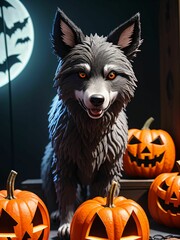 black wolf surrounded by decorative halloween pumpkins made of clay and felt
