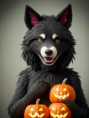 werewolf surrounded by decorative halloween pumpkins made of clay and felt

