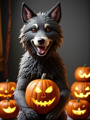 werewolf surrounded by decorative halloween pumpkins made of clay and felt

