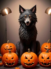black wolf surrounded by decorative halloween pumpkins made of clay and felt
