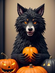 werewolf surrounded by decorative halloween pumpkins made of clay and felt

