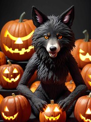 female werewolf surrounded by decorative halloween pumpkins made of clay and felt


