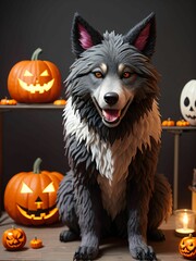 werewolf surrounded by decorative halloween pumpkins made of clay and felt