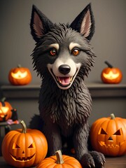 werewolf surrounded by decorative halloween pumpkins made of clay and felt