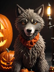 werewolf surrounded by decorative halloween pumpkins made of clay and felt