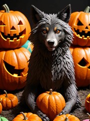 werewolf surrounded by decorative halloween pumpkins made of clay and felt

